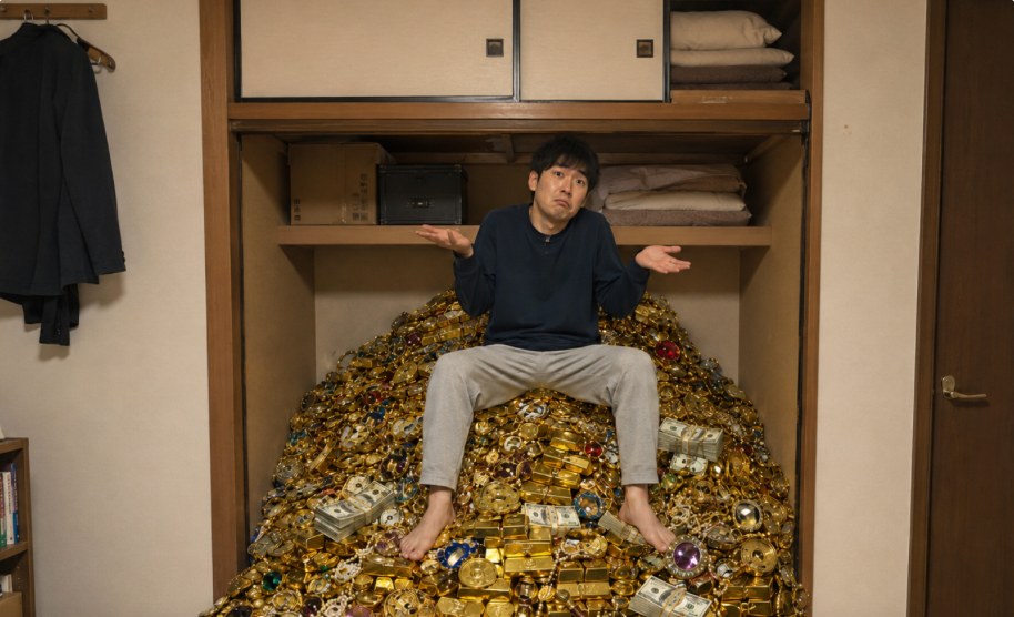 LifeGreen代表 山田が、押し入れいっぱいの金塊・宝飾品・現金の山の上で困惑した表情で座っている写真
